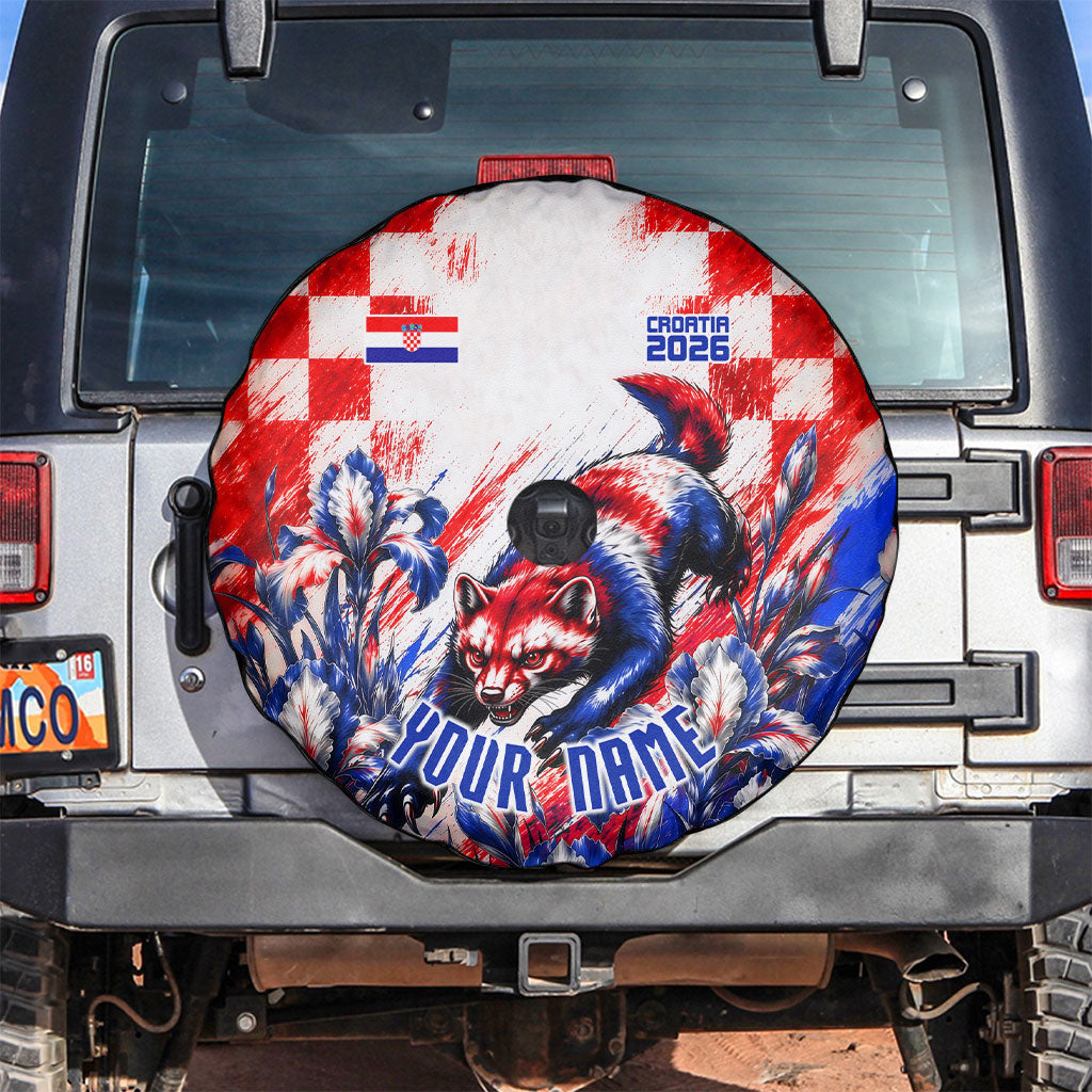 Personalized Croatia Marten Soccer 2026 Spare Tire Cover Football Grunge Checkerboard Croatian Iris Floral