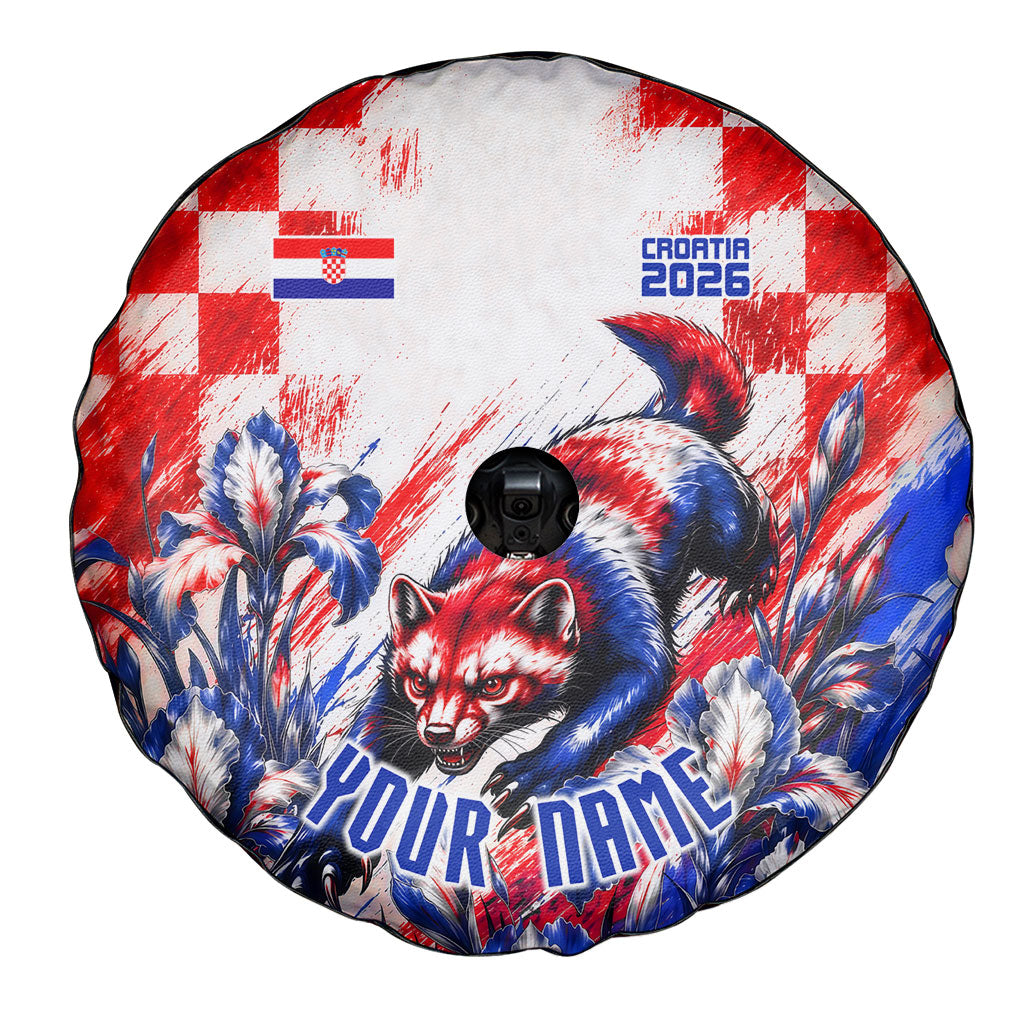 Personalized Croatia Marten Soccer 2026 Spare Tire Cover Football Grunge Checkerboard Croatian Iris Floral