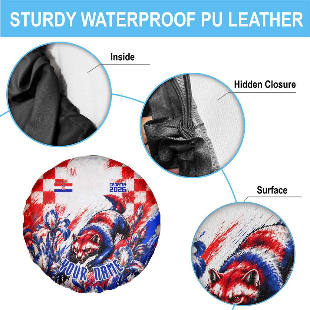 Personalized Croatia Marten Soccer 2026 Spare Tire Cover Football Grunge Checkerboard Croatian Iris Floral