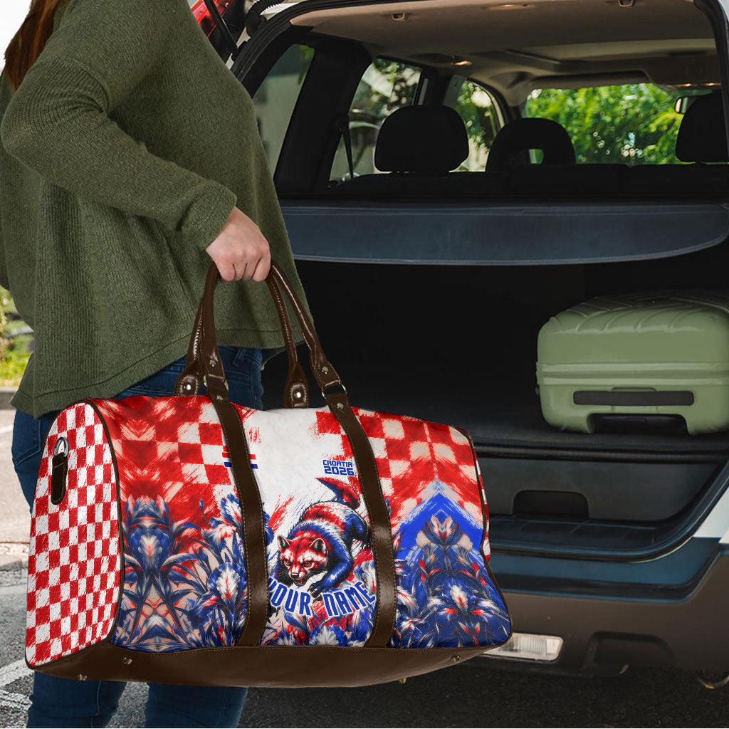 Personalized Croatia Marten Soccer 2026 Travel Bag Football Grunge Checkerboard Croatian Iris Floral