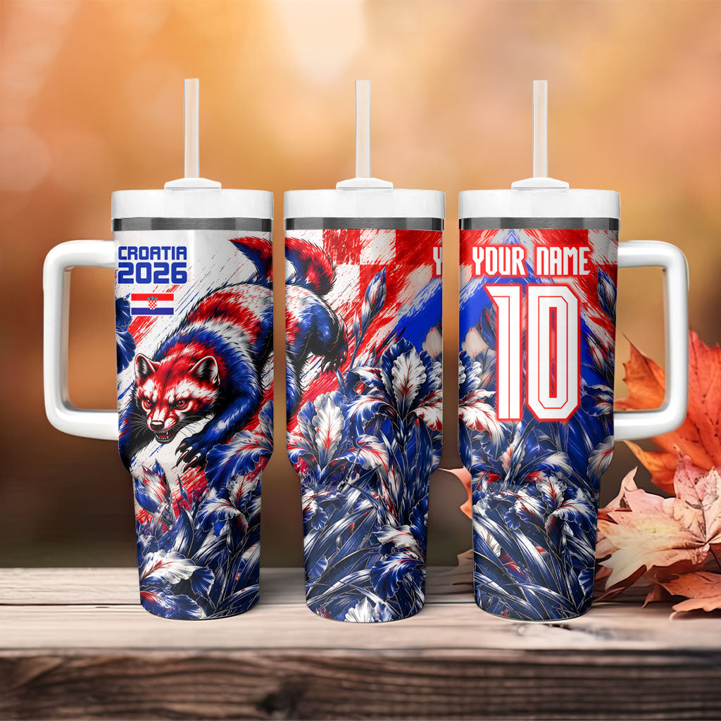 Personalized Croatia Marten Soccer 2026 Tumbler With Handle Football Grunge Checkerboard Croatian Iris Floral
