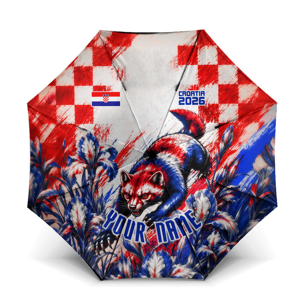 Personalized Croatia Marten Soccer 2026 Umbrella Football Grunge Checkerboard Croatian Iris Floral