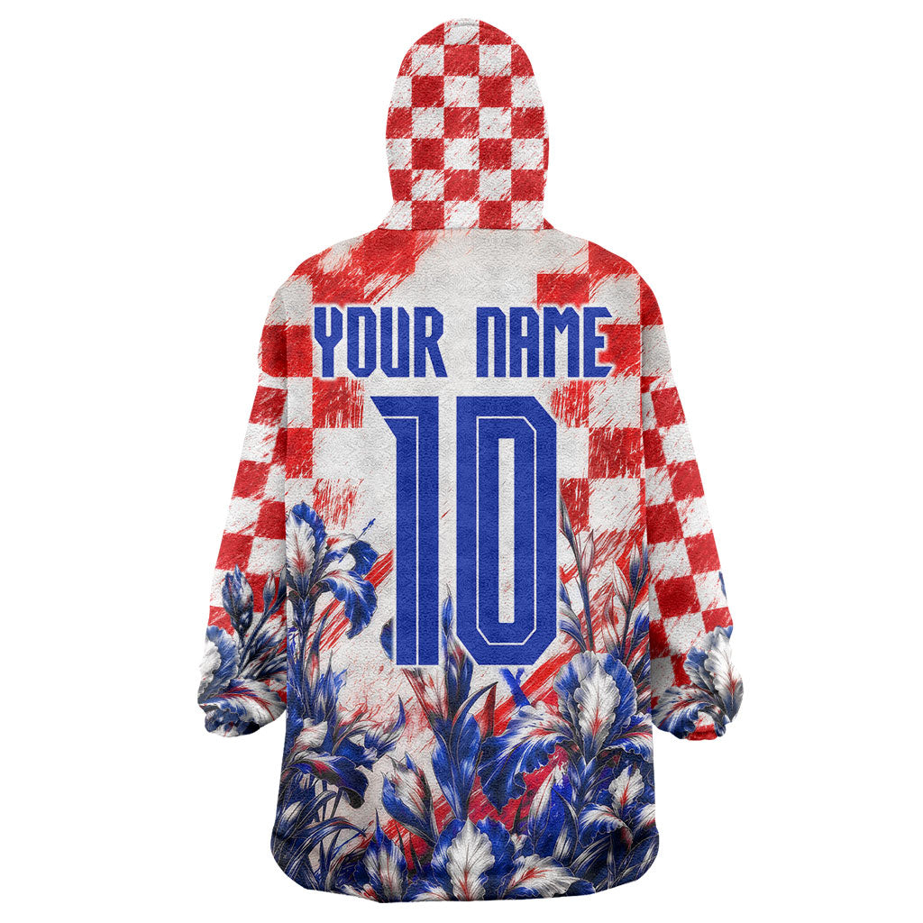 Personalized Croatia Marten Soccer 2026 Wearable Blanket Hoodie Football Grunge Checkerboard Croatian Iris Floral