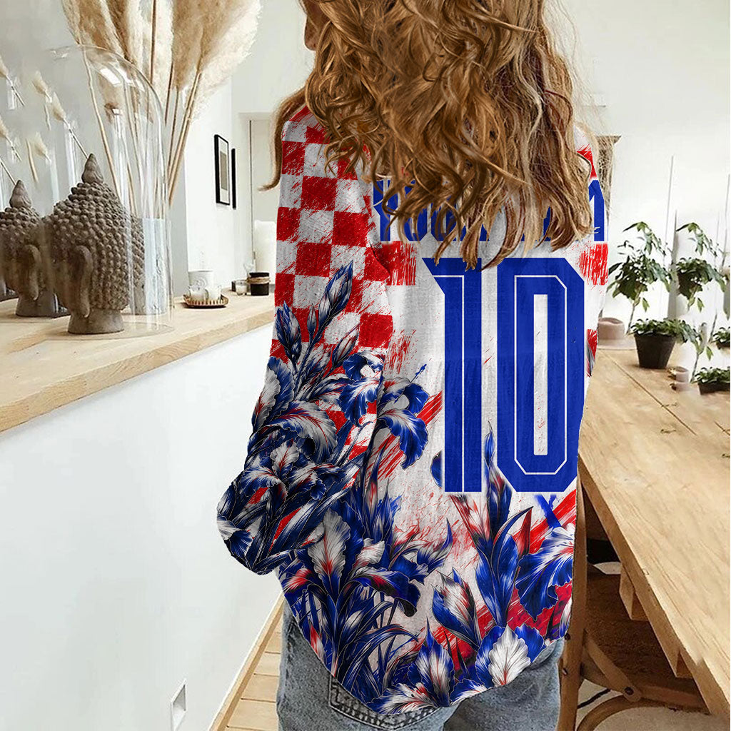 Personalized Croatia Marten Soccer 2026 Women Casual Shirt Football Grunge Checkerboard Croatian Iris Floral