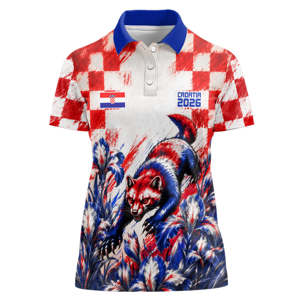 Personalized Croatia Marten Soccer 2026 Women Polo Shirt Football Grunge Checkerboard Croatian Iris Floral