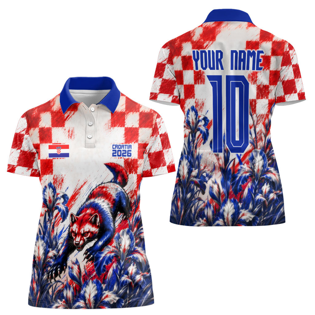 Personalized Croatia Marten Soccer 2026 Women Polo Shirt Football Grunge Checkerboard Croatian Iris Floral