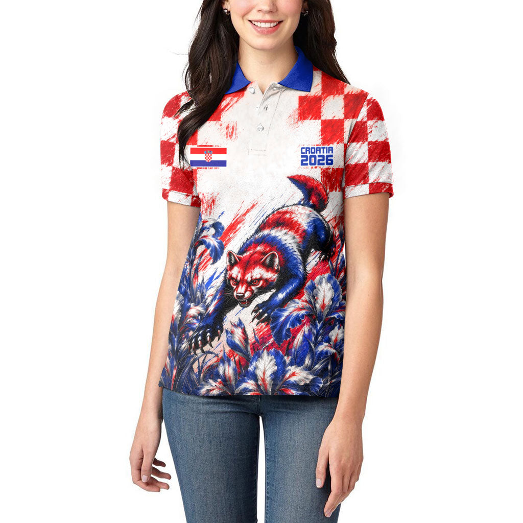 Personalized Croatia Marten Soccer 2026 Women Polo Shirt Football Grunge Checkerboard Croatian Iris Floral