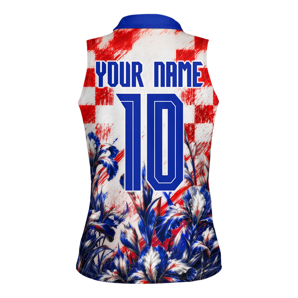 Personalized Croatia Marten Soccer 2026 Women Sleeveless Polo Shirt Football Grunge Checkerboard Croatian Iris Floral
