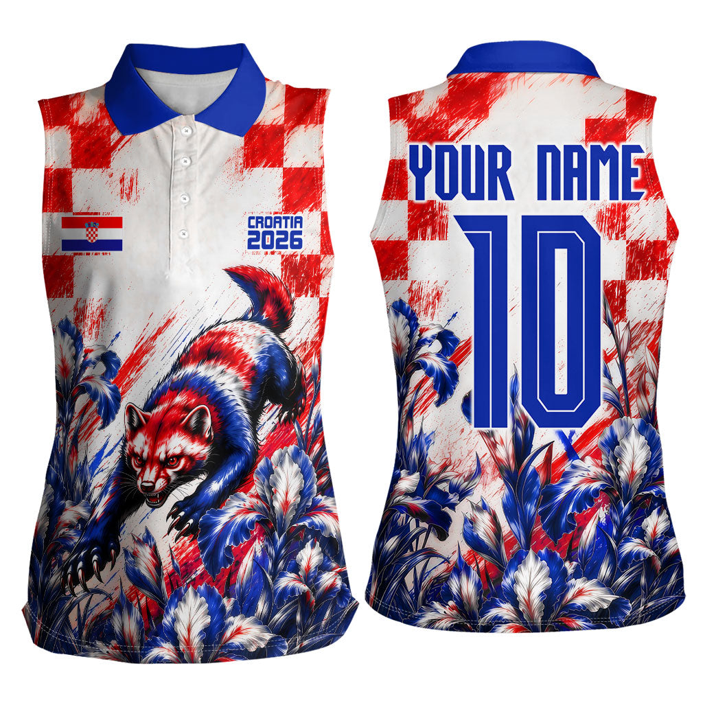 Personalized Croatia Marten Soccer 2026 Women Sleeveless Polo Shirt Football Grunge Checkerboard Croatian Iris Floral