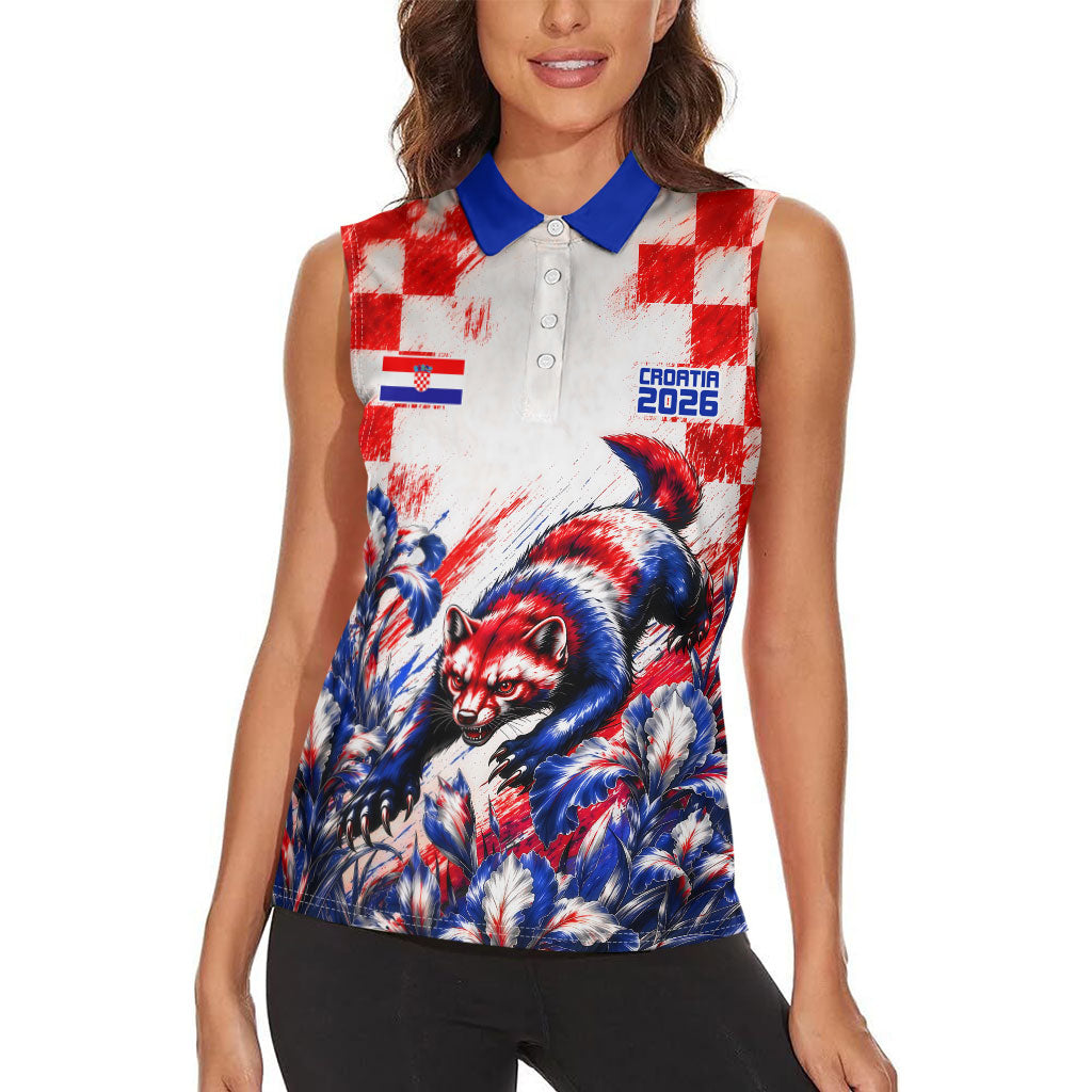 Personalized Croatia Marten Soccer 2026 Women Sleeveless Polo Shirt Football Grunge Checkerboard Croatian Iris Floral