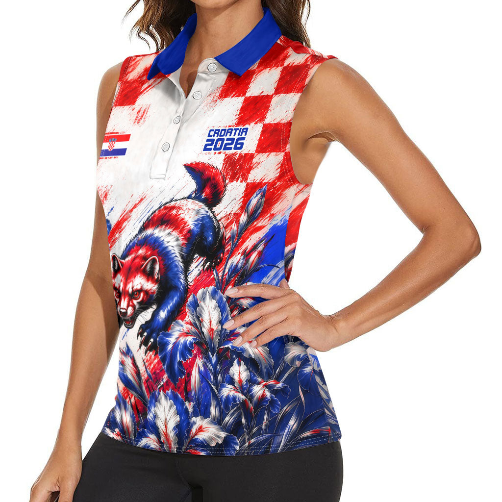 Personalized Croatia Marten Soccer 2026 Women Sleeveless Polo Shirt Football Grunge Checkerboard Croatian Iris Floral