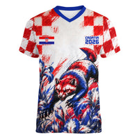 Personalized Croatia Marten Soccer 2026 Women V-Neck T-Shirt Football Grunge Checkerboard Croatian Iris Floral