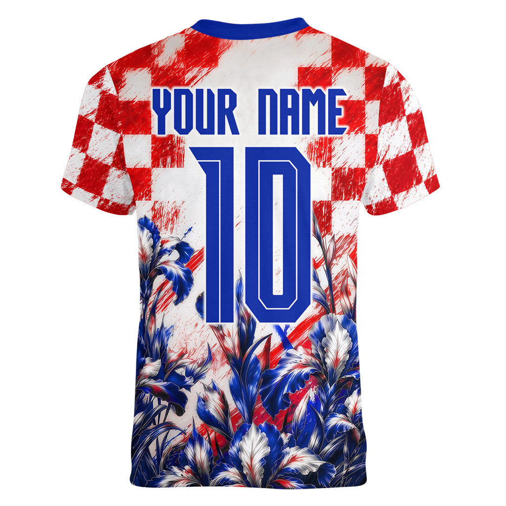 Personalized Croatia Marten Soccer 2026 Women V-Neck T-Shirt Football Grunge Checkerboard Croatian Iris Floral