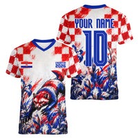 Personalized Croatia Marten Soccer 2026 Women V-Neck T-Shirt Football Grunge Checkerboard Croatian Iris Floral