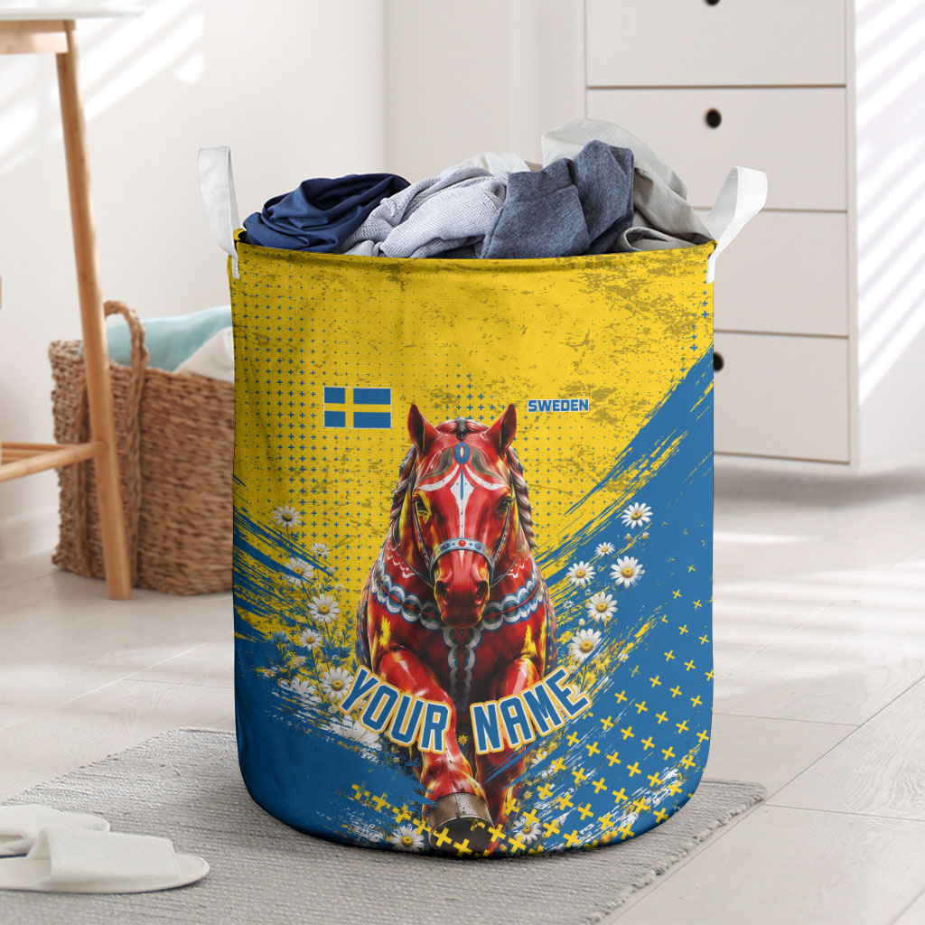 Personalized Sweden Dala Horse Soccer Laundry Basket Grunge Swedish Flag Cheering Fans Floral