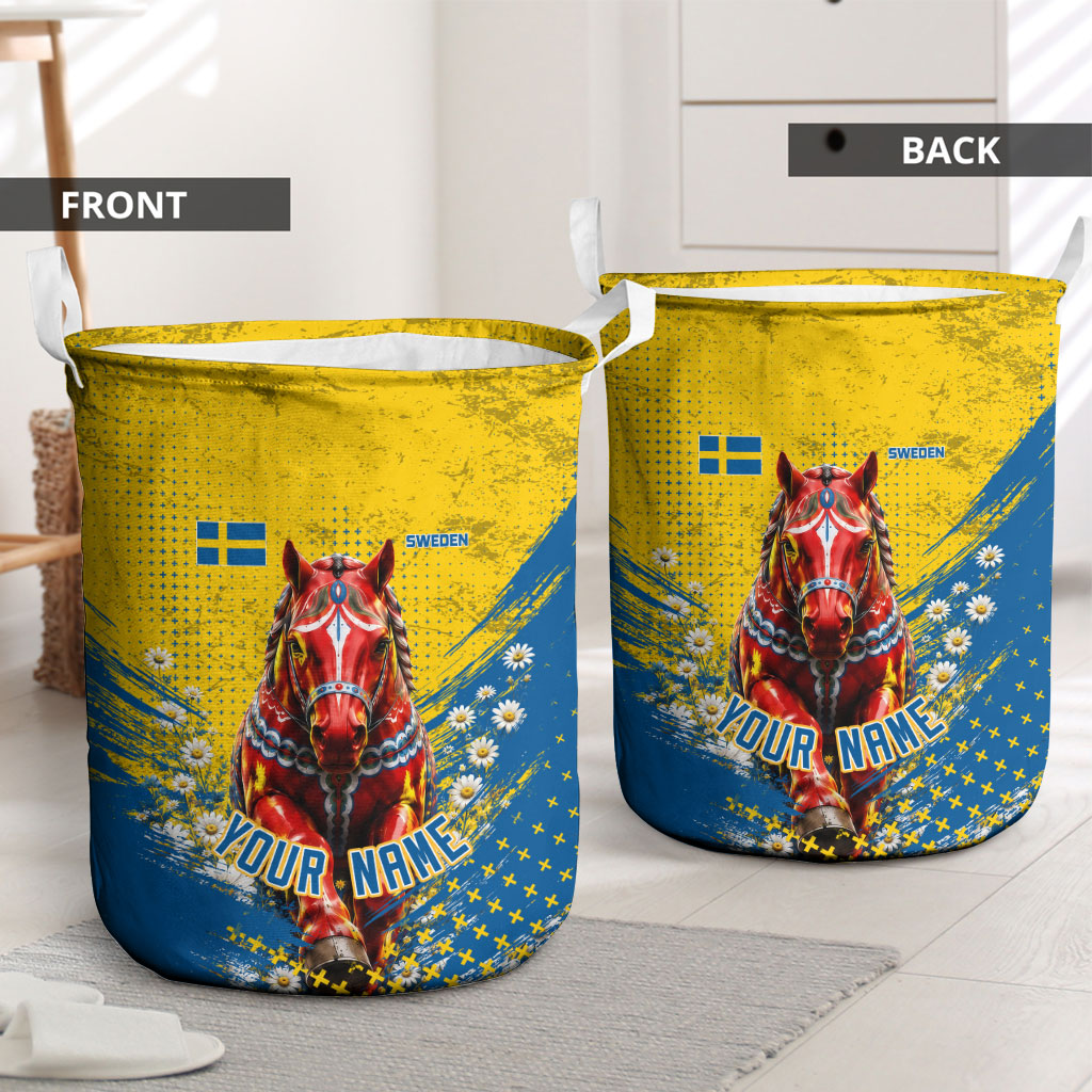 Personalized Sweden Dala Horse Soccer Laundry Basket Grunge Swedish Flag Cheering Fans Floral
