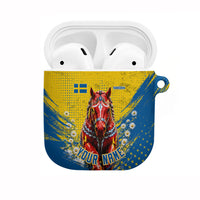 Personalized Sweden Dala Horse Soccer AirPods Case Grunge Swedish Flag Cheering Fans Floral