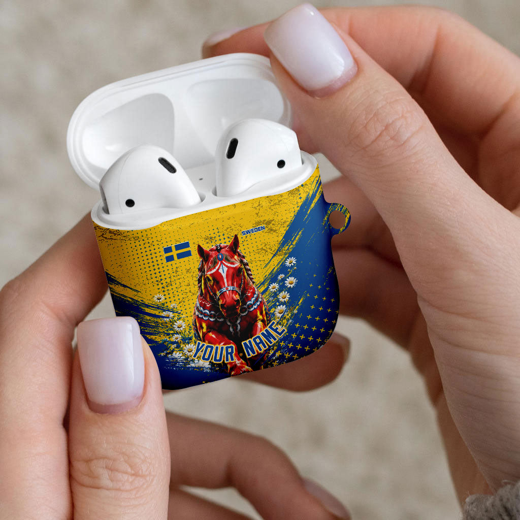 Personalized Sweden Dala Horse Soccer AirPods Case Grunge Swedish Flag Cheering Fans Floral