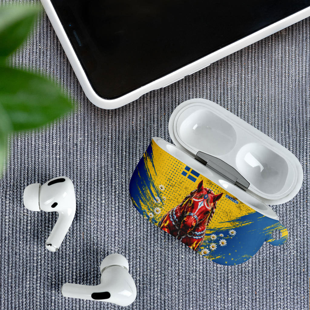 Personalized Sweden Dala Horse Soccer AirPods Case Grunge Swedish Flag Cheering Fans Floral