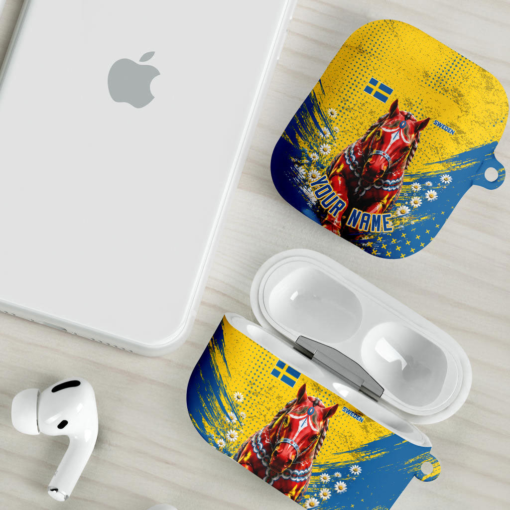 Personalized Sweden Dala Horse Soccer AirPods Case Grunge Swedish Flag Cheering Fans Floral
