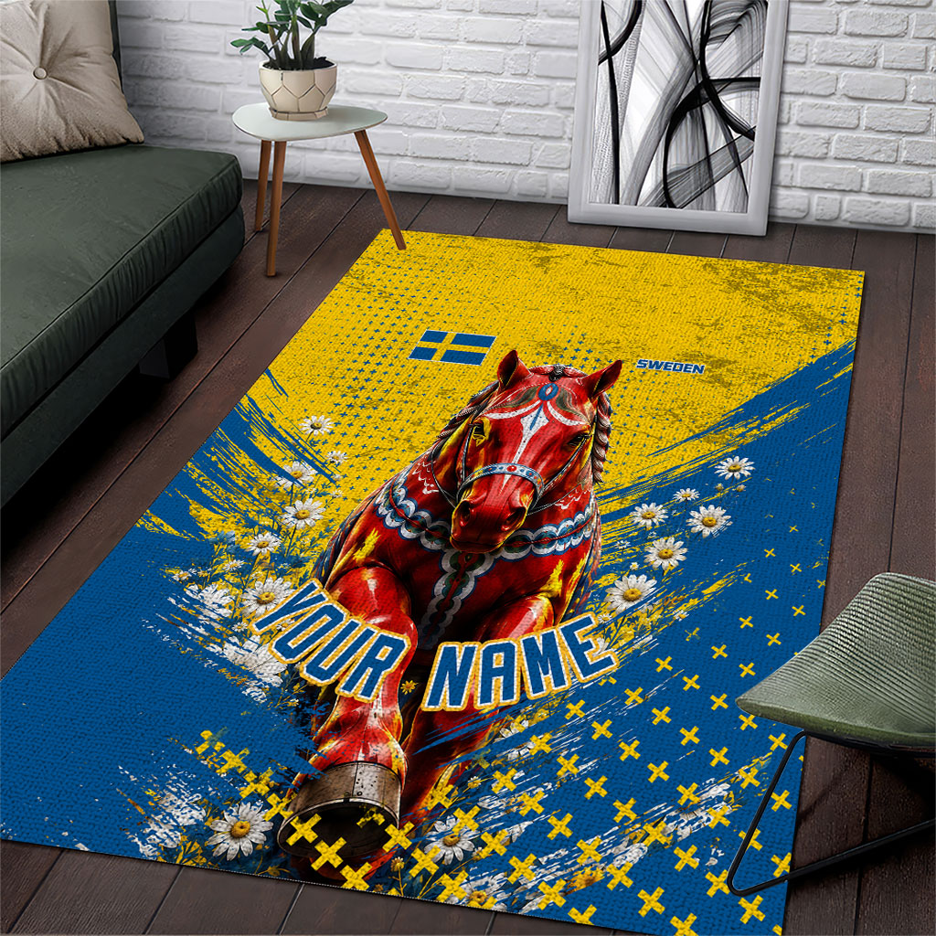 Personalized Sweden Dala Horse Soccer Area Rug Grunge Swedish Flag Cheering Fans Floral