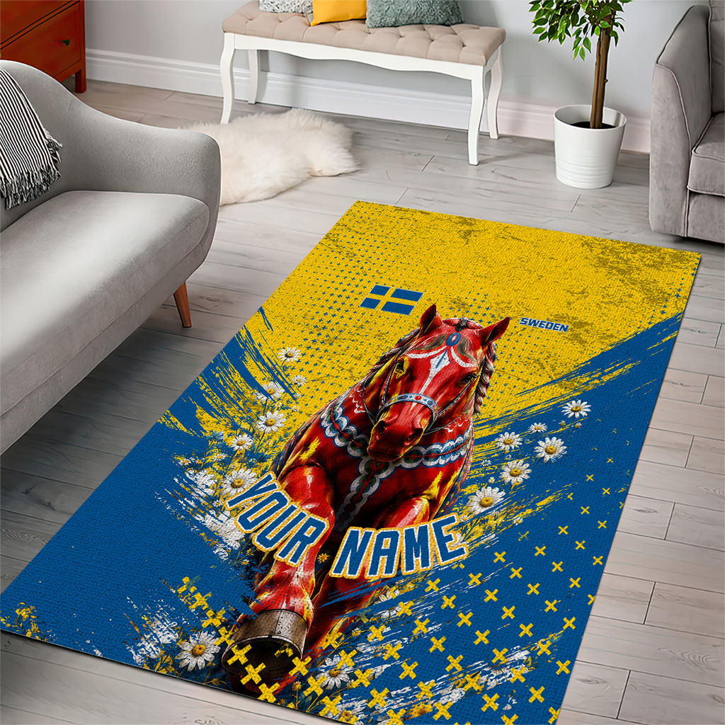 Personalized Sweden Dala Horse Soccer Area Rug Grunge Swedish Flag Cheering Fans Floral