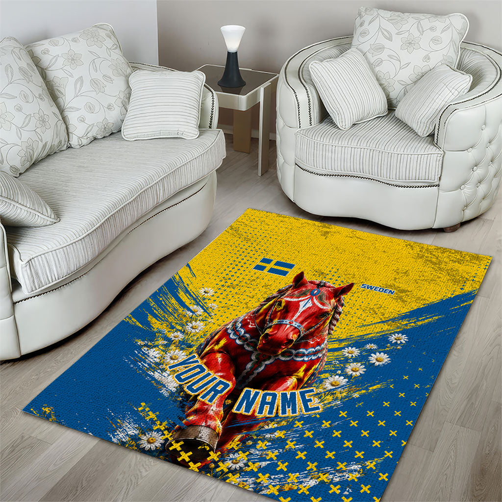 Personalized Sweden Dala Horse Soccer Area Rug Grunge Swedish Flag Cheering Fans Floral