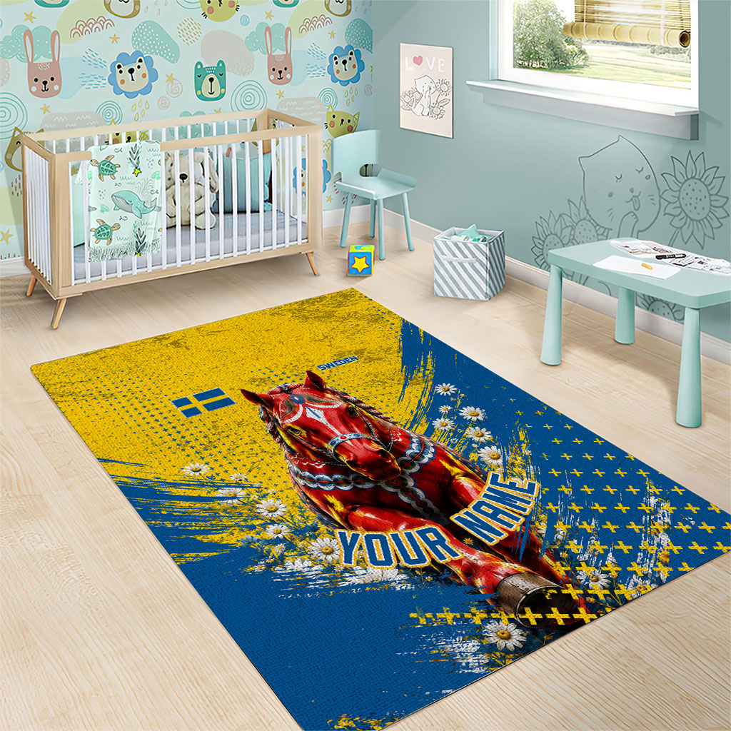 Personalized Sweden Dala Horse Soccer Area Rug Grunge Swedish Flag Cheering Fans Floral