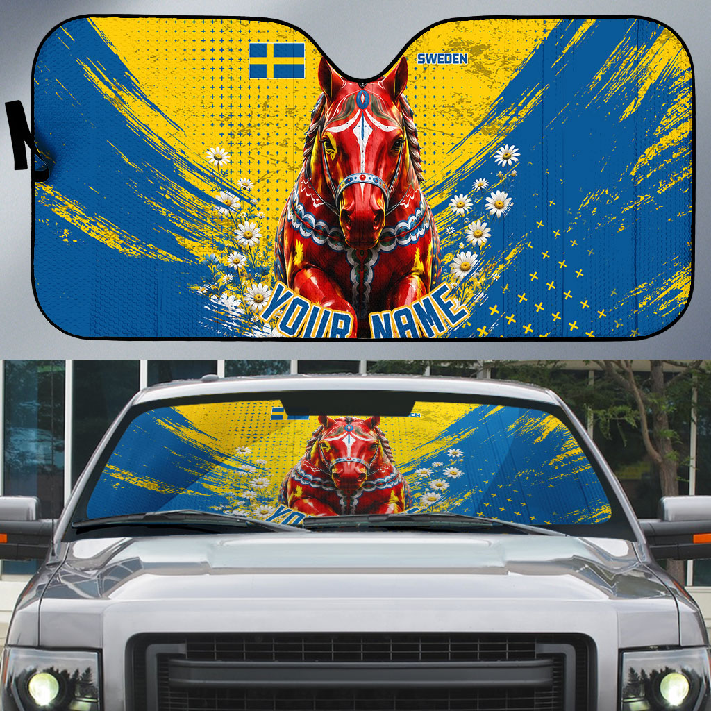 Personalized Sweden Dala Horse Soccer Auto Sun Shade Grunge Swedish Flag Cheering Fans Floral