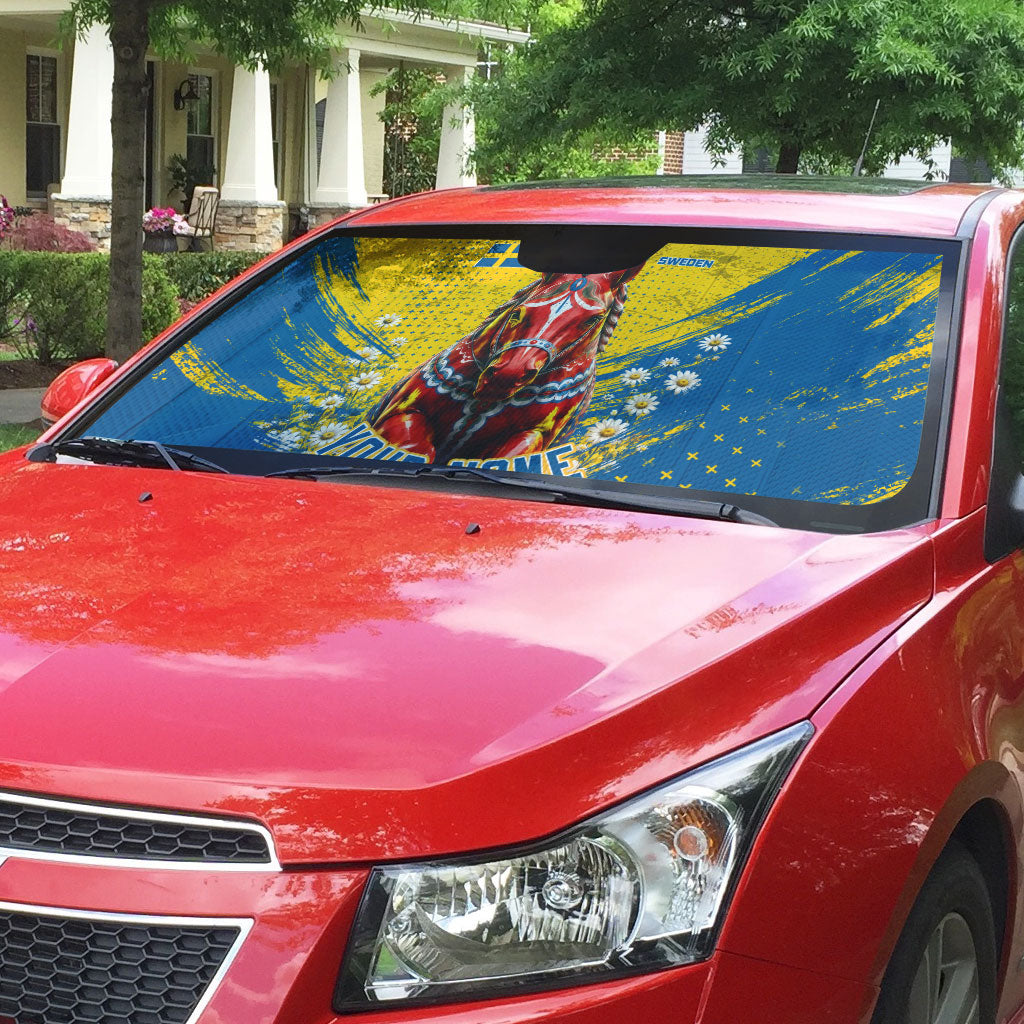 Personalized Sweden Dala Horse Soccer Auto Sun Shade Grunge Swedish Flag Cheering Fans Floral