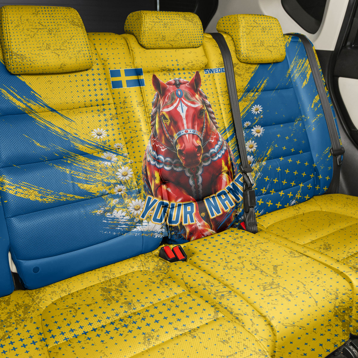 Personalized Sweden Dala Horse Soccer Back Car Seat Cover Grunge Swedish Flag Cheering Fans Floral