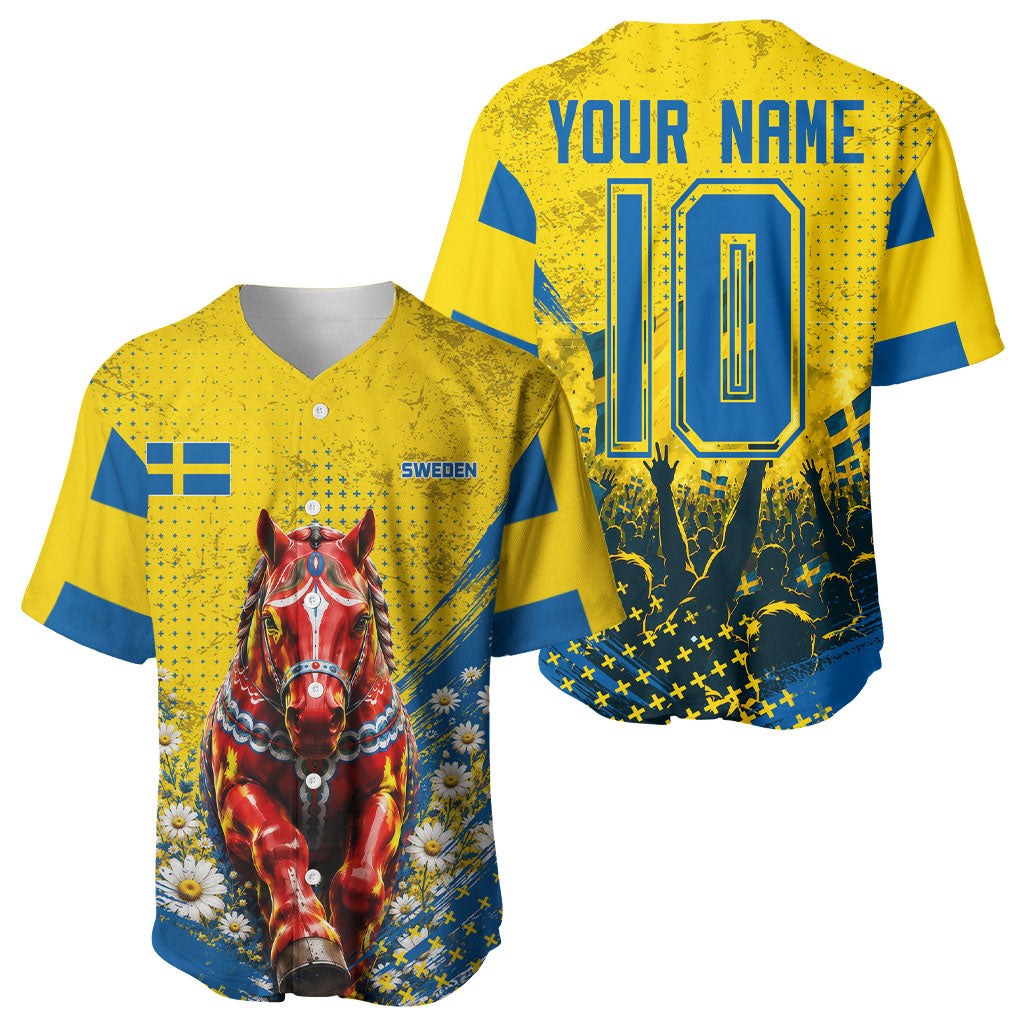 Personalized Sweden Dala Horse Soccer Baseball Jersey Grunge Swedish Flag Cheering Fans Floral