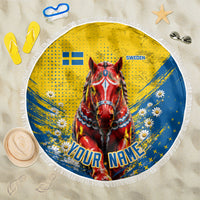 Personalized Sweden Dala Horse Soccer Beach Blanket Grunge Swedish Flag Cheering Fans Floral