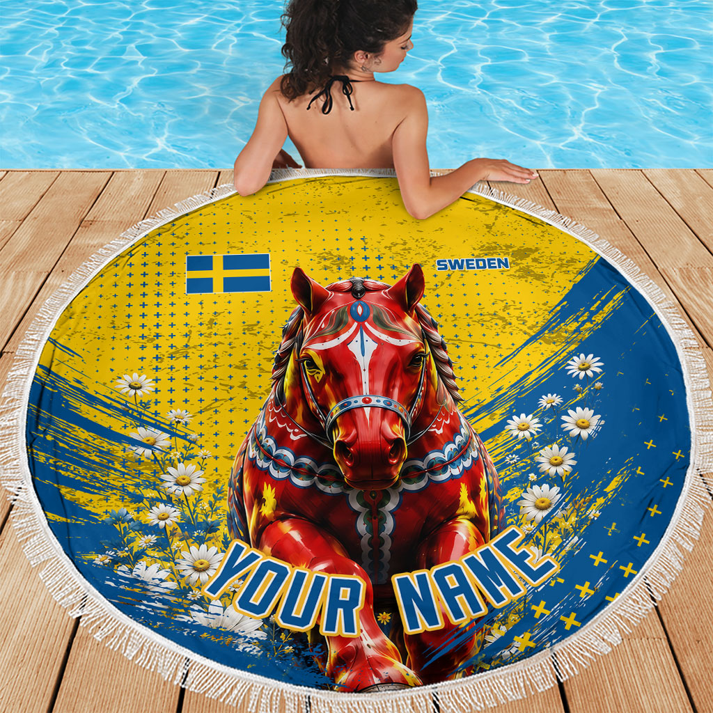 Personalized Sweden Dala Horse Soccer Beach Blanket Grunge Swedish Flag Cheering Fans Floral