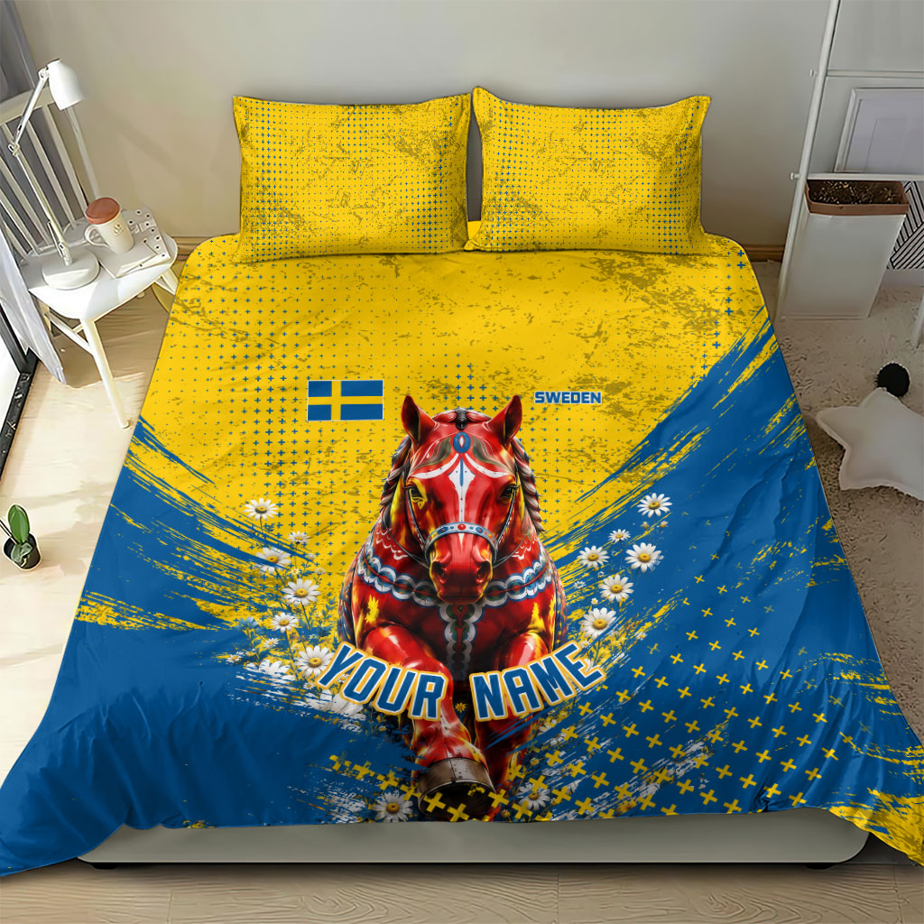 Personalized Sweden Dala Horse Soccer Bedding Set Grunge Swedish Flag Cheering Fans Floral