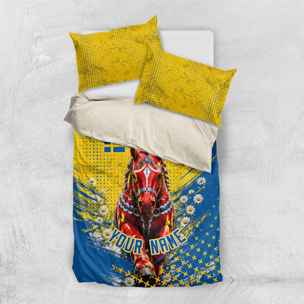 Personalized Sweden Dala Horse Soccer Bedding Set Grunge Swedish Flag Cheering Fans Floral