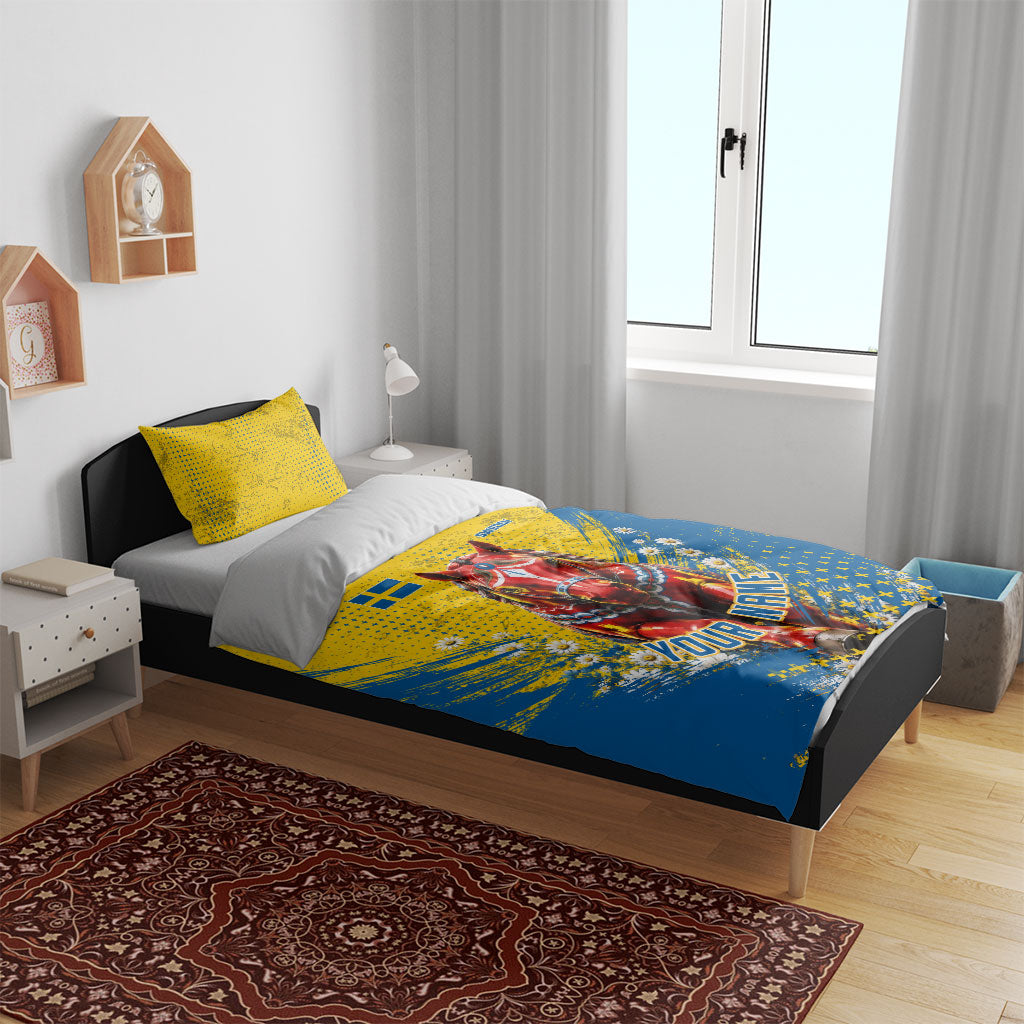 Personalized Sweden Dala Horse Soccer Bedding Set Grunge Swedish Flag Cheering Fans Floral