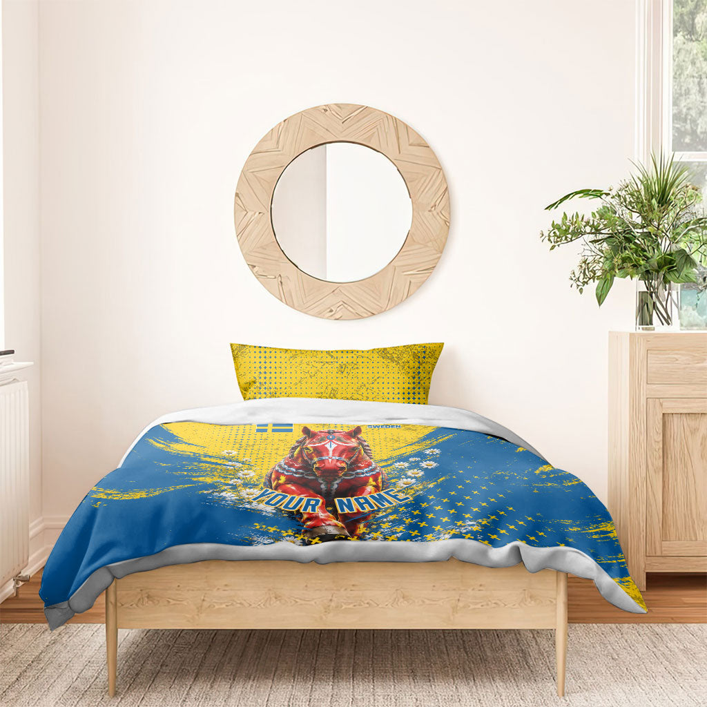 Personalized Sweden Dala Horse Soccer Bedding Set Grunge Swedish Flag Cheering Fans Floral