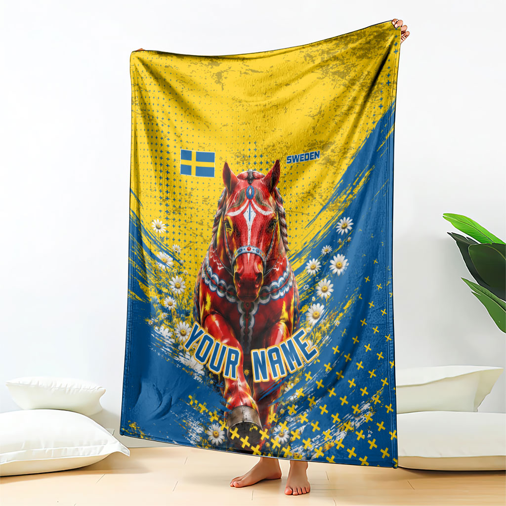 Personalized Sweden Dala Horse Soccer Blanket Grunge Swedish Flag Cheering Fans Floral