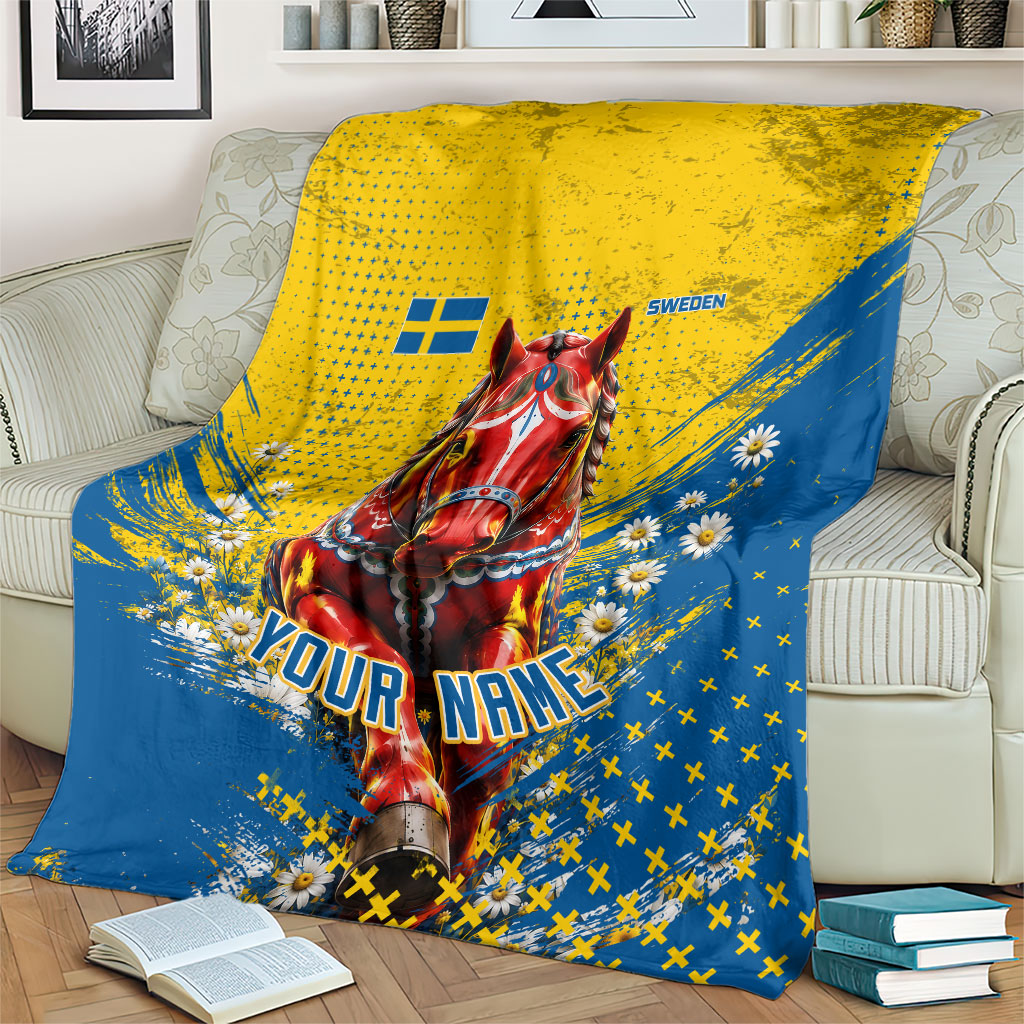 Personalized Sweden Dala Horse Soccer Blanket Grunge Swedish Flag Cheering Fans Floral