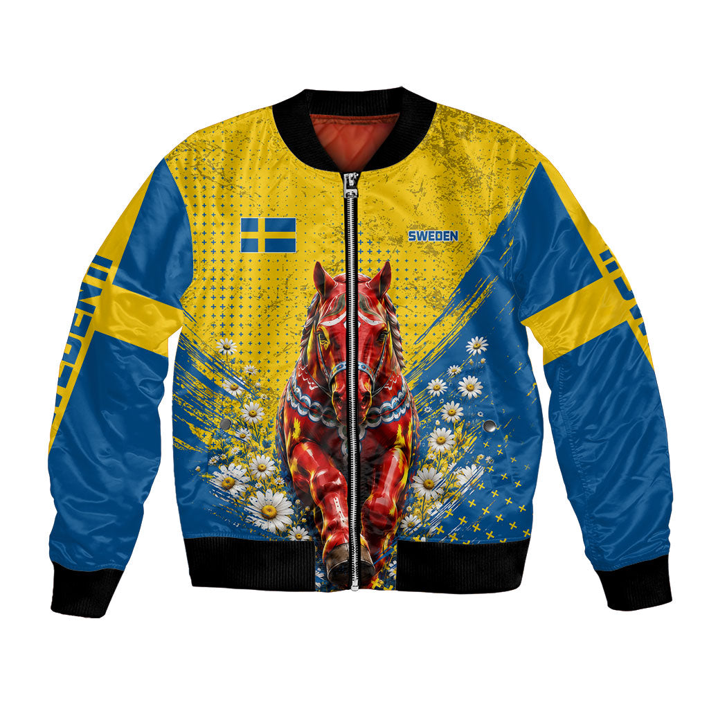 Personalized Sweden Dala Horse Soccer Bomber Jacket Grunge Swedish Flag Cheering Fans Floral