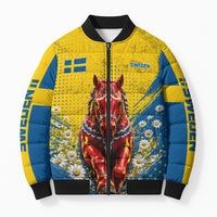 Personalized Sweden Dala Horse Soccer Bomber Puffer Jacket Grunge Swedish Flag Cheering Fans Floral