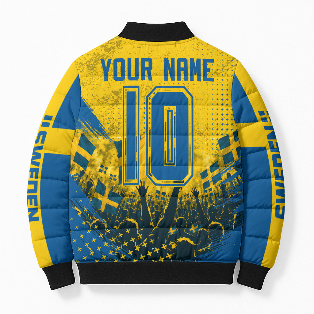 Personalized Sweden Dala Horse Soccer Bomber Puffer Jacket Grunge Swedish Flag Cheering Fans Floral