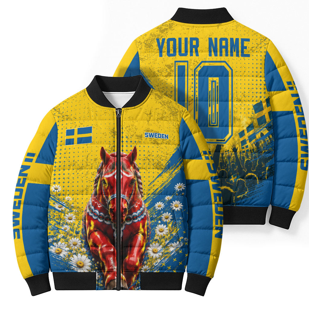 Personalized Sweden Dala Horse Soccer Bomber Puffer Jacket Grunge Swedish Flag Cheering Fans Floral