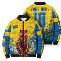 Personalized Sweden Dala Horse Soccer Bomber Puffer Jacket Grunge Swedish Flag Cheering Fans Floral