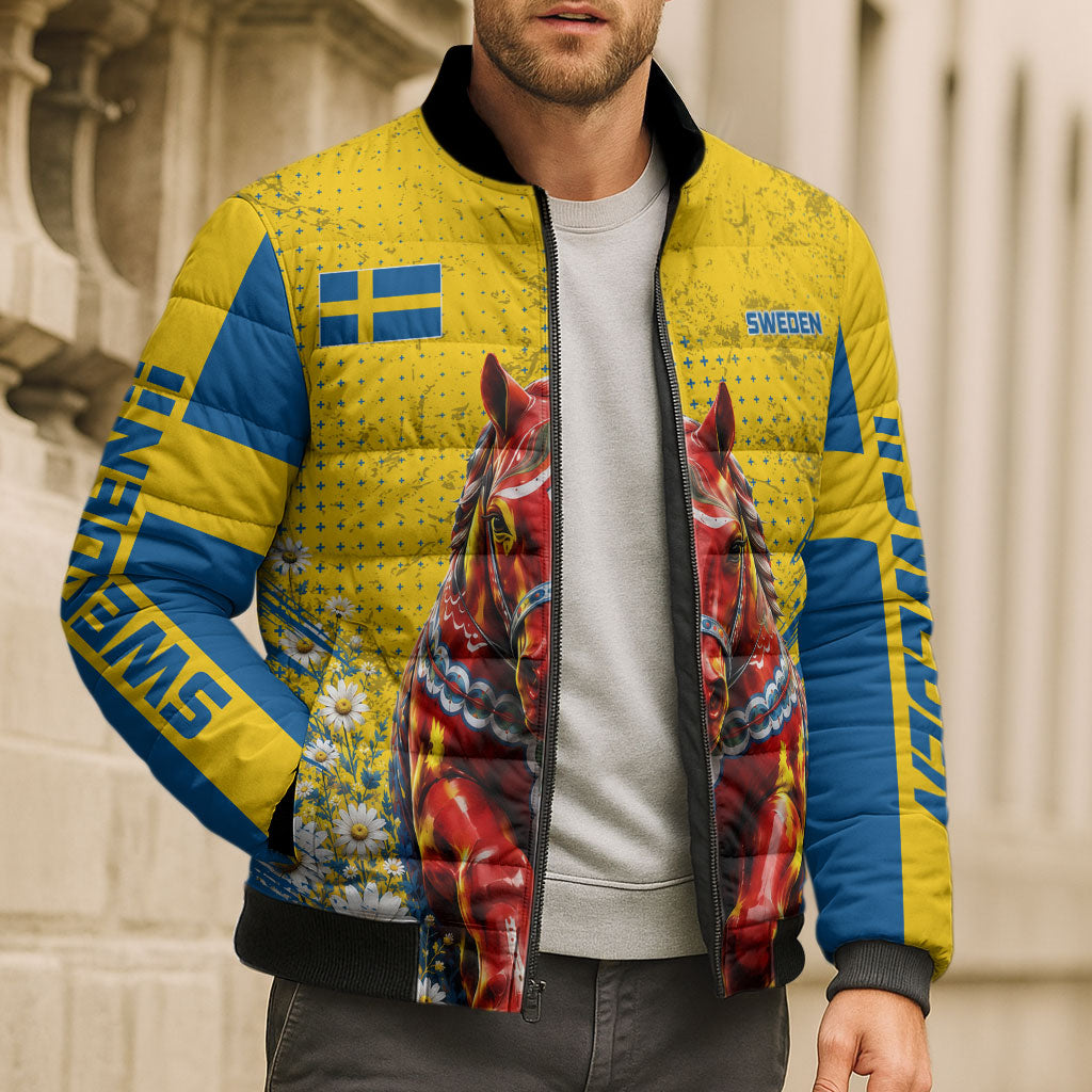 Personalized Sweden Dala Horse Soccer Bomber Puffer Jacket Grunge Swedish Flag Cheering Fans Floral