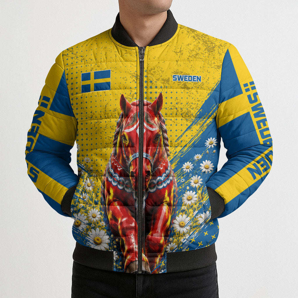 Personalized Sweden Dala Horse Soccer Bomber Puffer Jacket Grunge Swedish Flag Cheering Fans Floral