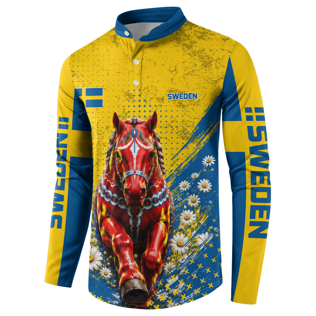 Personalized Sweden Dala Horse Soccer Button Sweatshirt Grunge Swedish Flag Cheering Fans Floral