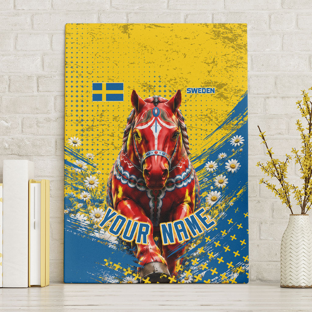 Personalized Sweden Dala Horse Soccer Canvas Wall Art Grunge Swedish Flag Cheering Fans Floral