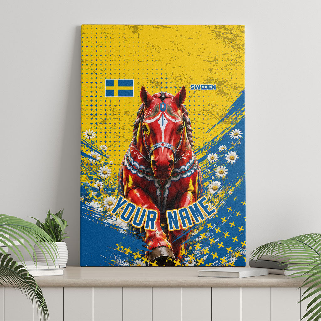 Personalized Sweden Dala Horse Soccer Canvas Wall Art Grunge Swedish Flag Cheering Fans Floral